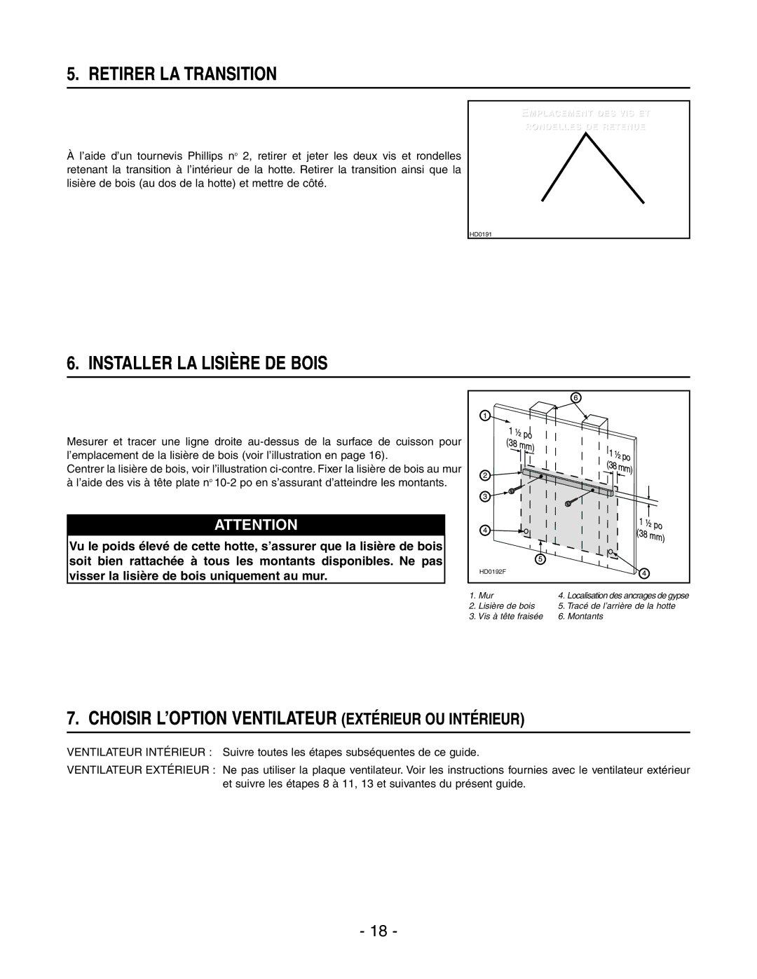 Broan WPD29M Retirer LA Transition, Installer LA Lisière DE Bois, Choisir L’OPTION Ventilateur Extérieur OU Intérieur 