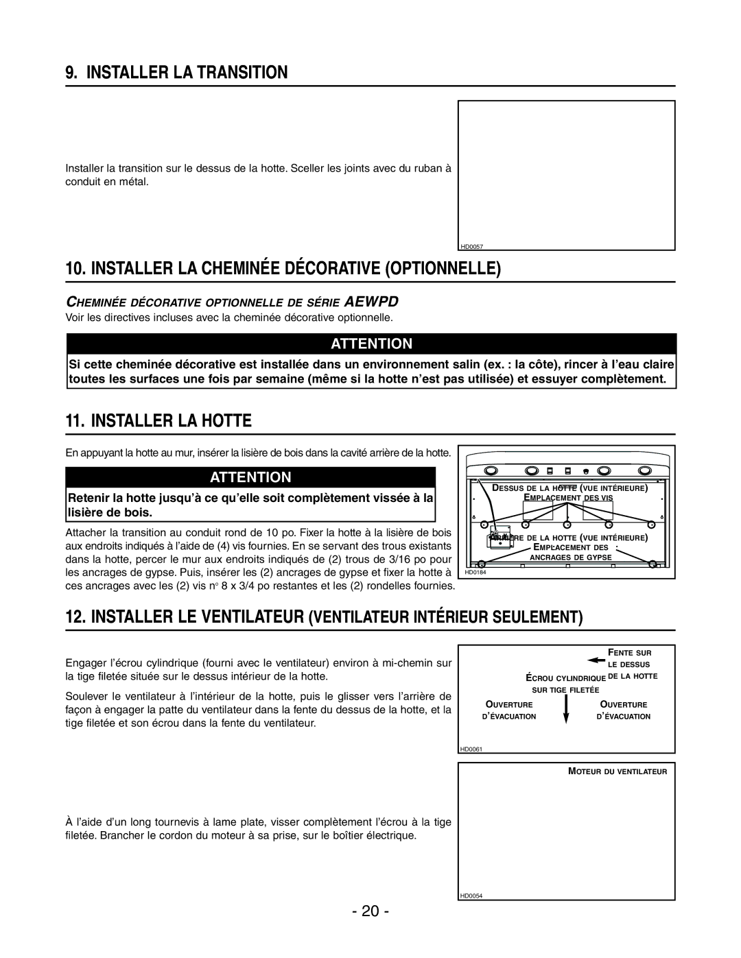 Broan WPD29M Installer LA Transition, Installer LA Cheminée Décorative Optionnelle, Installer LA Hotte 