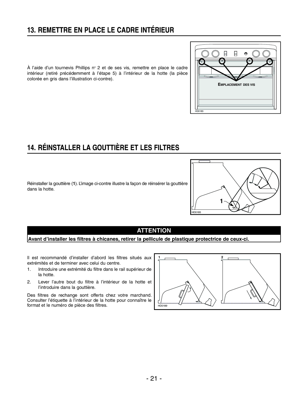 Broan WPD29M installation instructions Remettre EN Place LE Cadre Intérieur, 14. Réinstaller LA Gouttière ET LES Filtres 