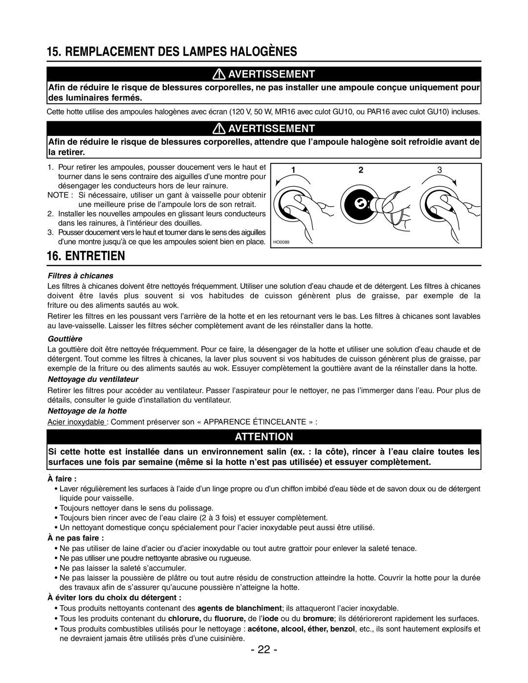 Broan WPD29M installation instructions Remplacement DES Lampes Halogènes, Entretien 