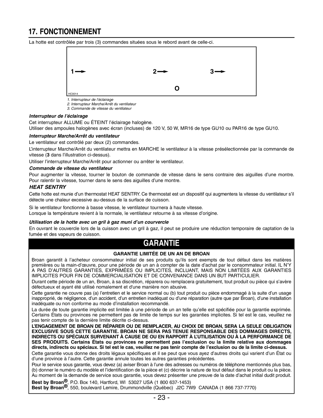 Broan WPD29M Fonctionnement, Interrupteur de l’éclairage, Interrupteur Marche/Arrêt du ventilateur 