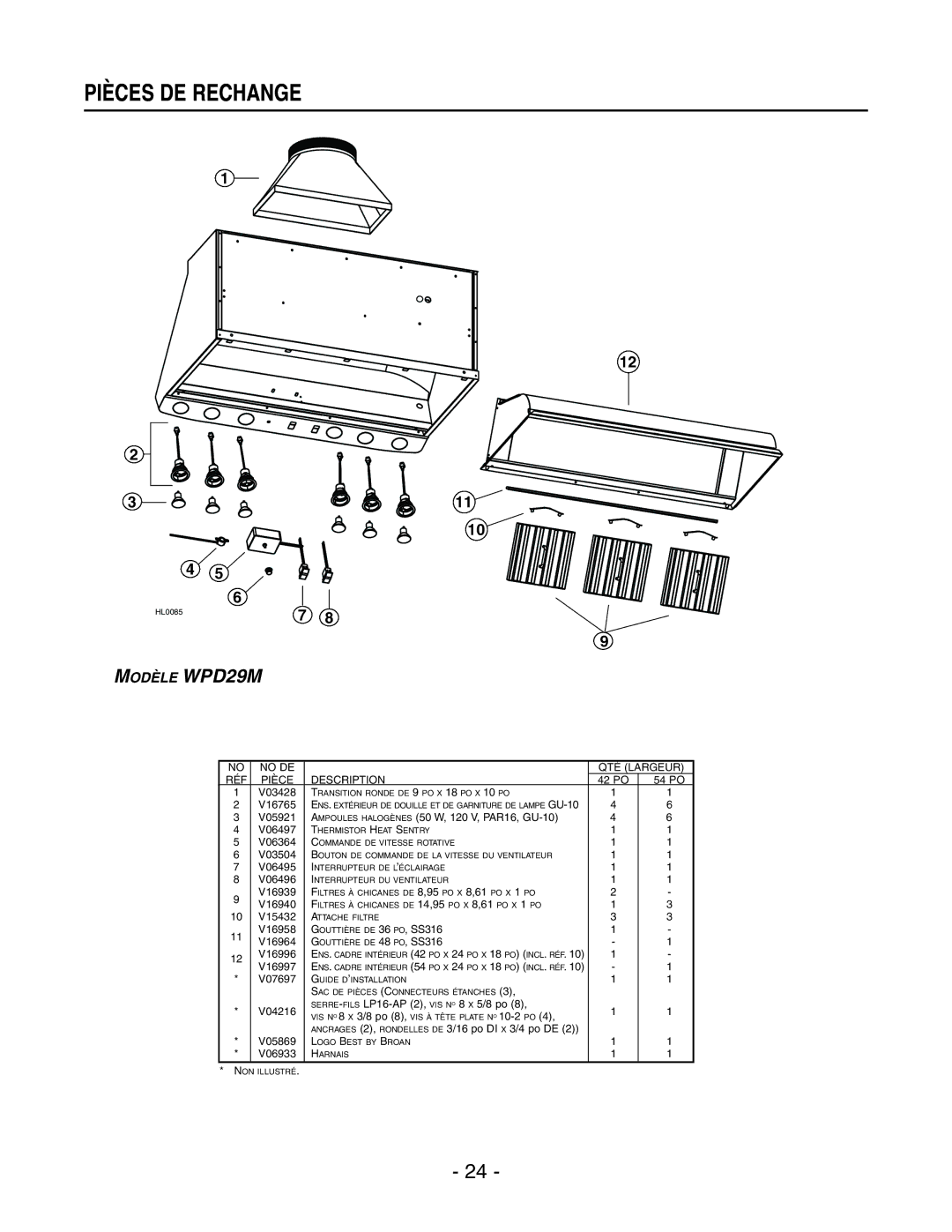 Broan installation instructions Pièces DE Rechange, Modèle WPD29M 