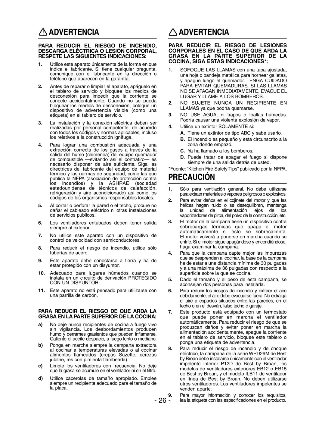 Broan WPD29M installation instructions Advertencia 