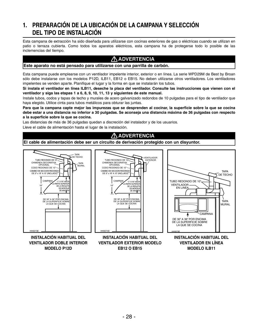 Broan WPD29M installation instructions Advertencia, Modelo ILB11 