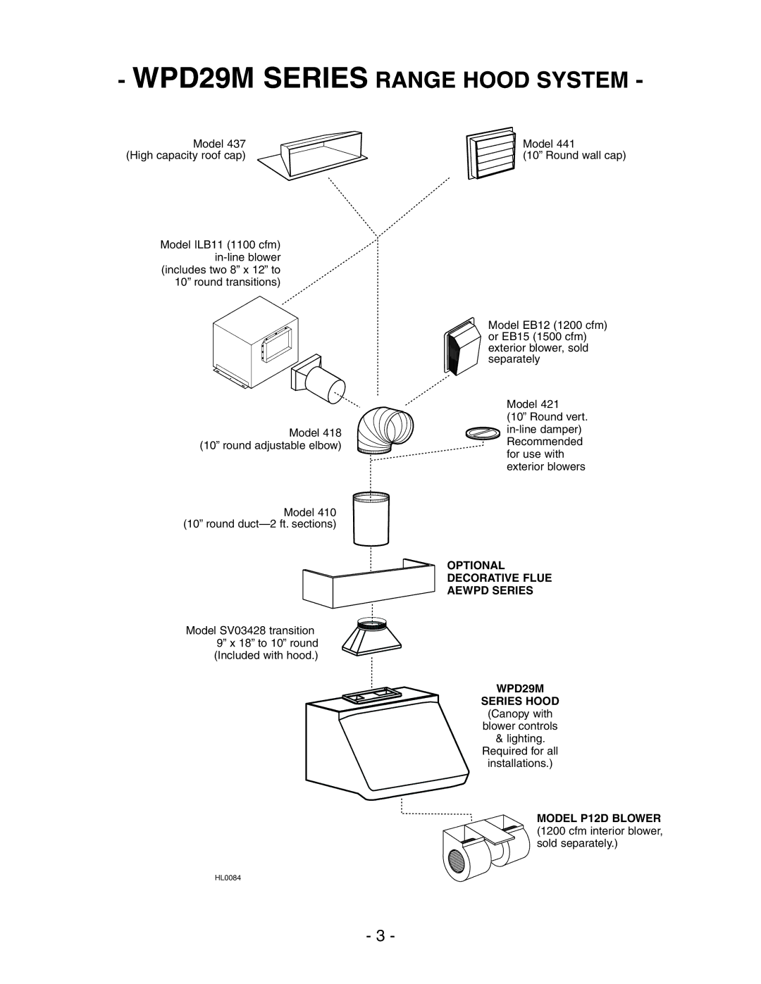 Broan WPD29M Series Range Hood System, Optional Decorative Flue Aewpd Series WPD29M Series Hood 