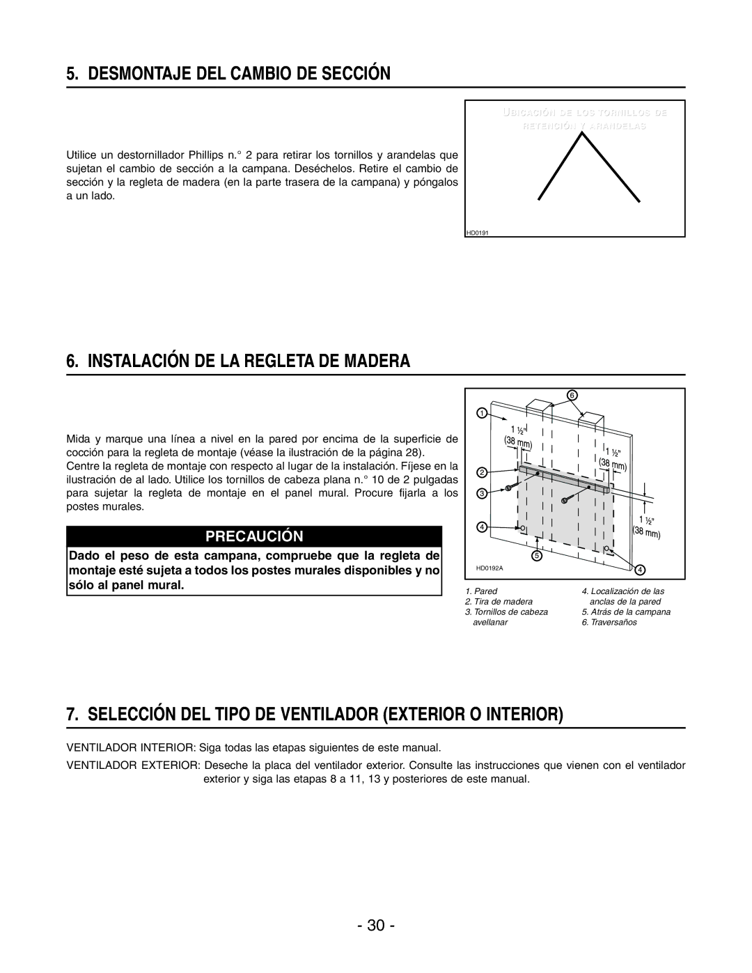 Broan WPD29M installation instructions Desmontaje DEL Cambio DE Sección, Instalación DE LA Regleta DE Madera 