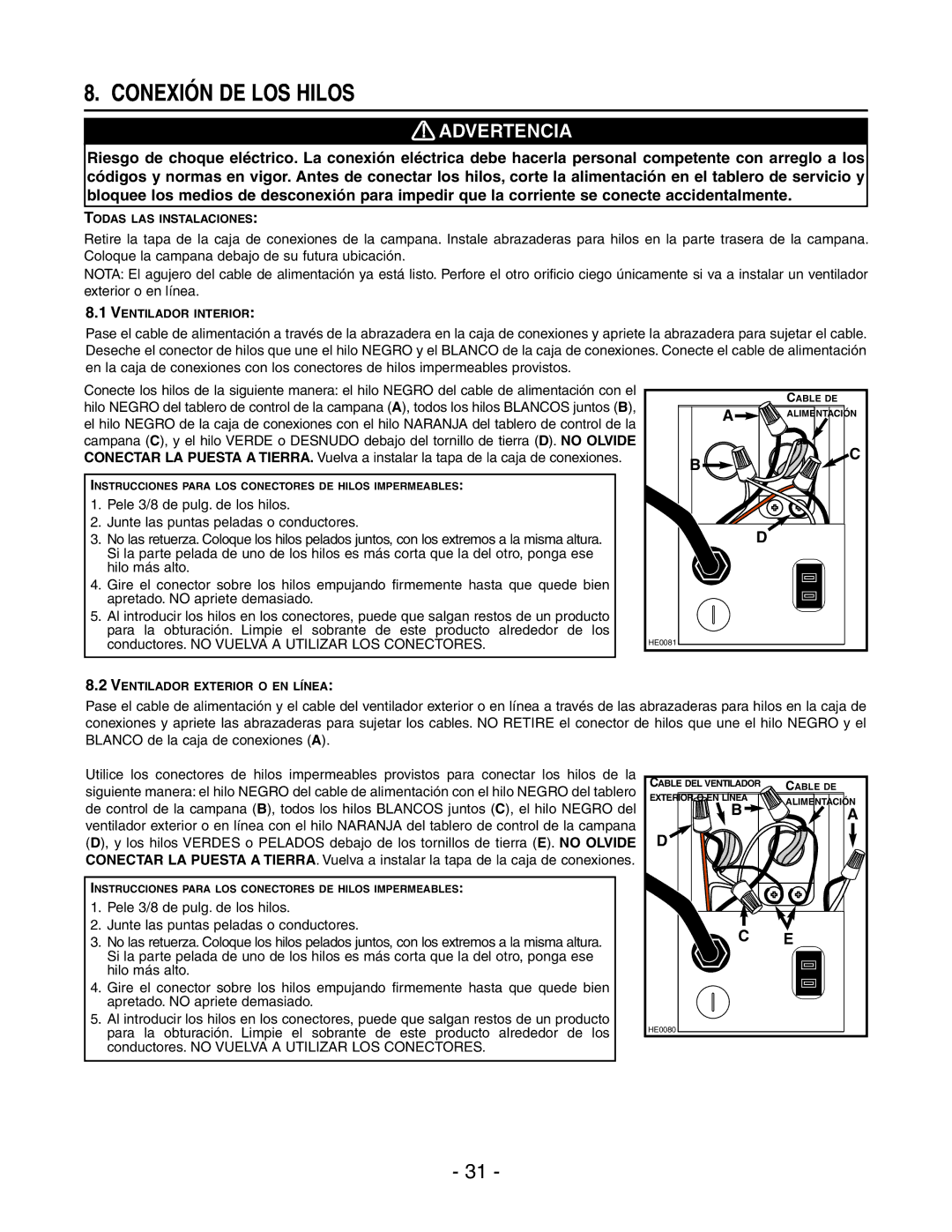 Broan WPD29M installation instructions Conexión DE LOS Hilos 