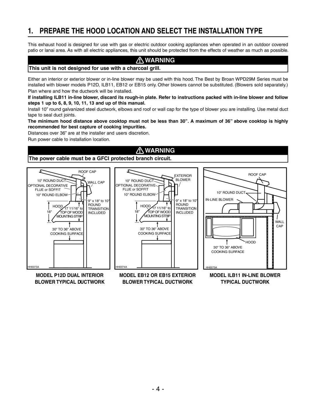 Broan WPD29M installation instructions Prepare the Hood Location and Select the Installation Type 