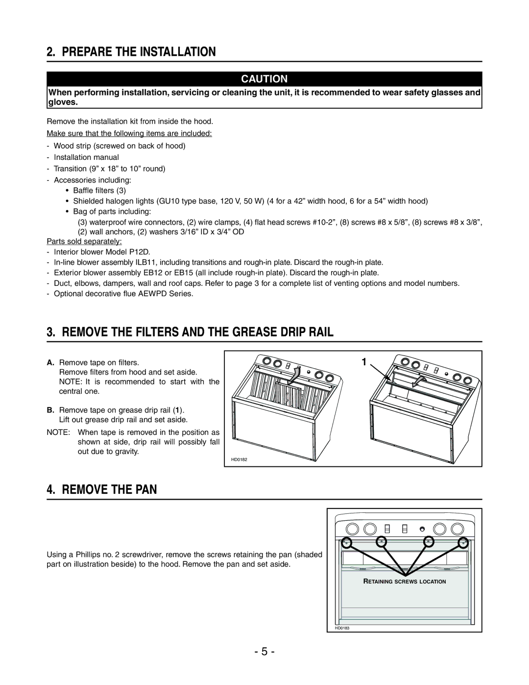 Broan WPD29M Prepare the Installation, Remove the Filters and the Grease Drip Rail, Remove the PAN 