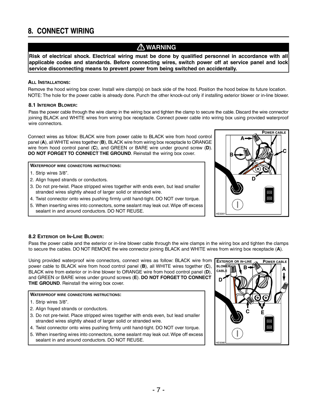 Broan WPD29M installation instructions Connect Wiring 