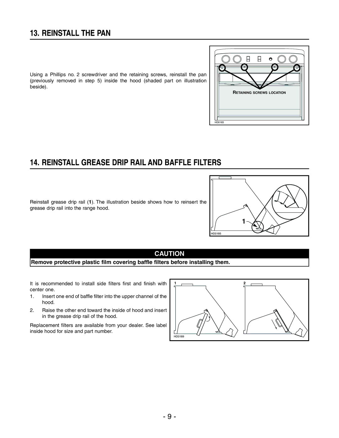 Broan WPD29M installation instructions Reinstall the PAN, Reinstall Grease Drip Rail and Baffle Filters 