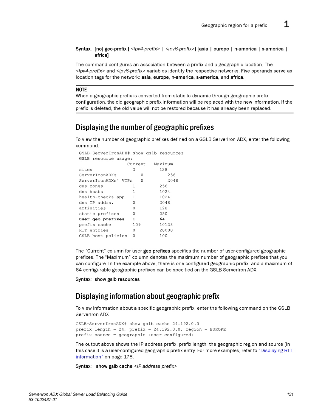 Brocade Communications Systems 12.4.00 manual Displaying the number of geographic prefixes, Geographic region for a prefix 