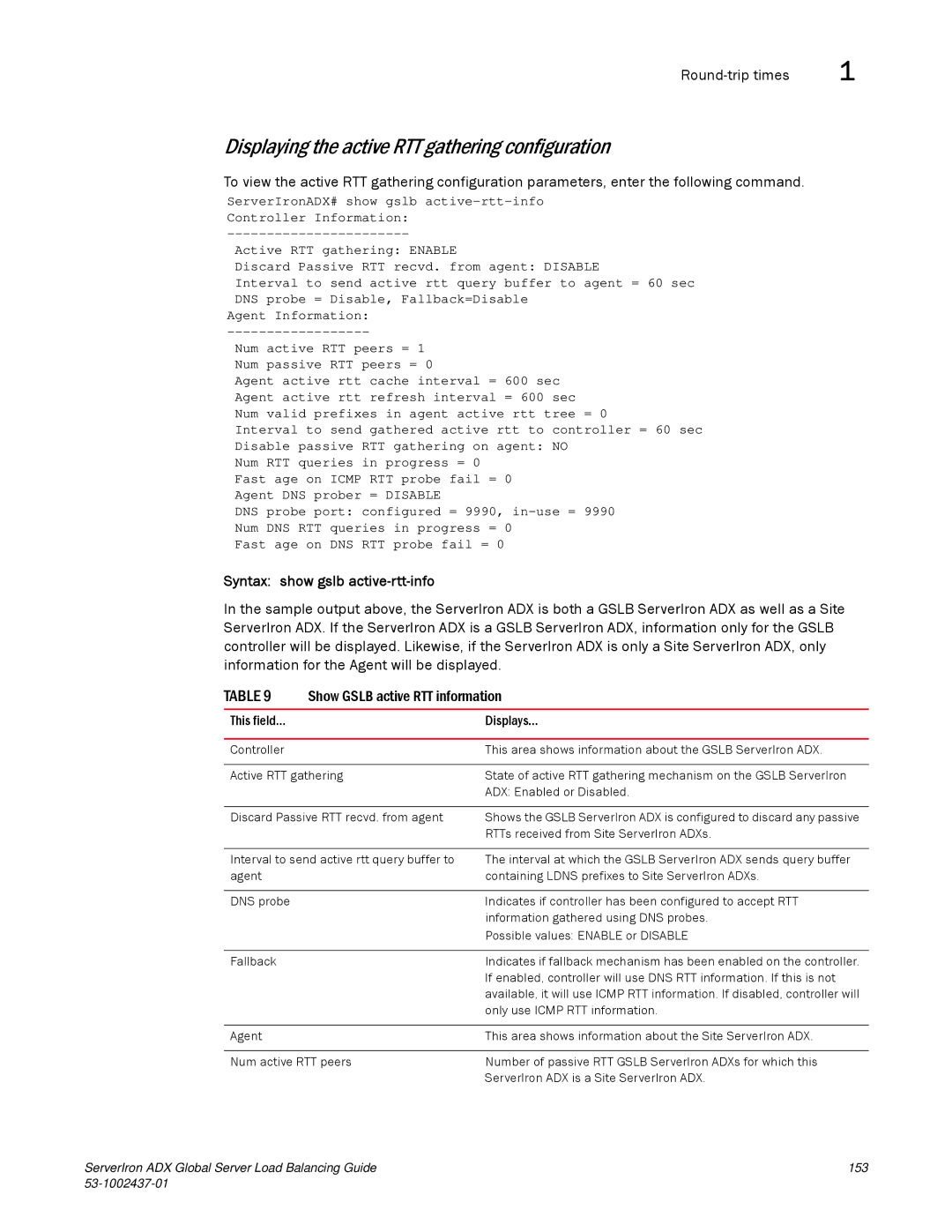 Brocade Communications Systems 12.4.00 Displaying the active RTT gathering configuration, Syntax show gslb active-rtt-info 