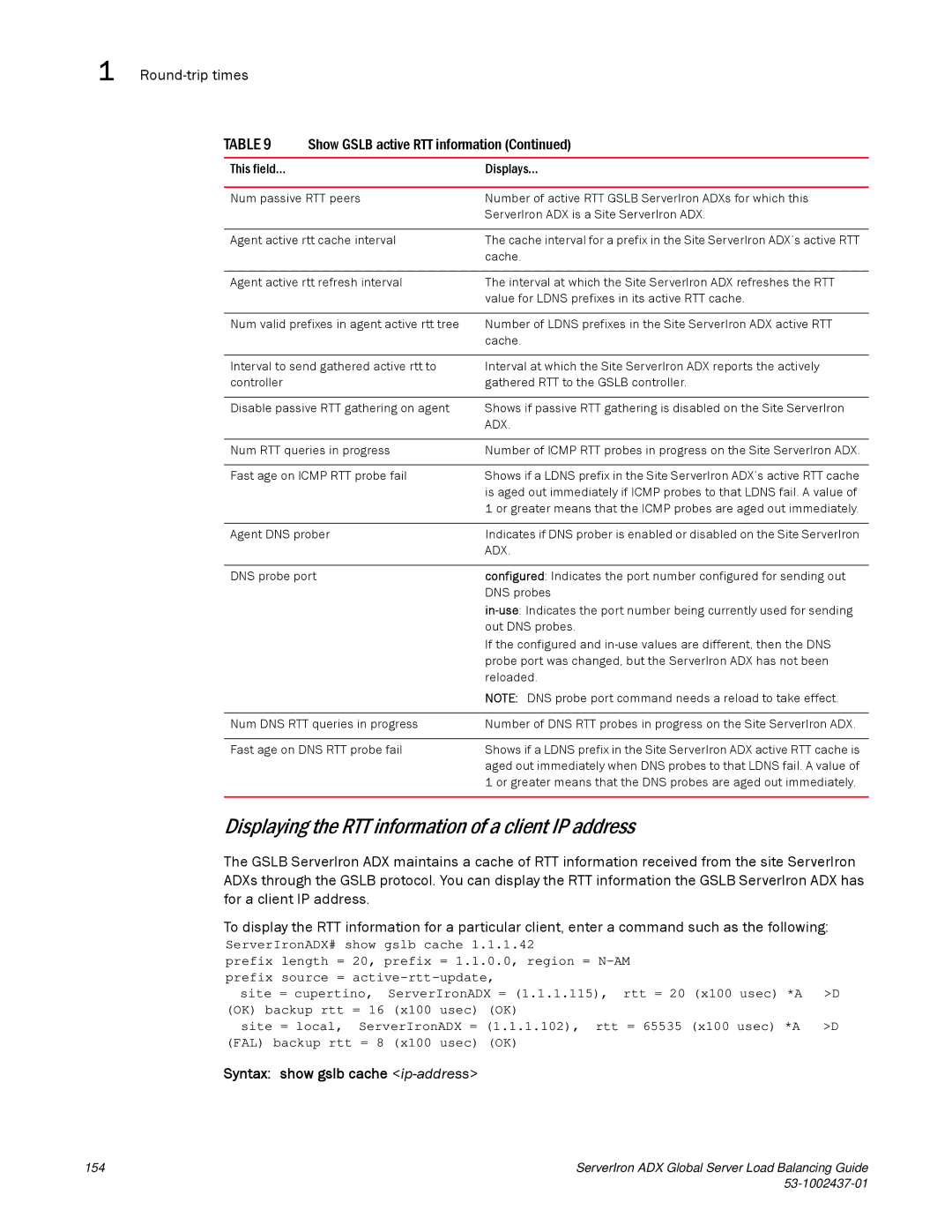 Brocade Communications Systems 12.4.00 manual Displaying the RTT information of a client IP address 