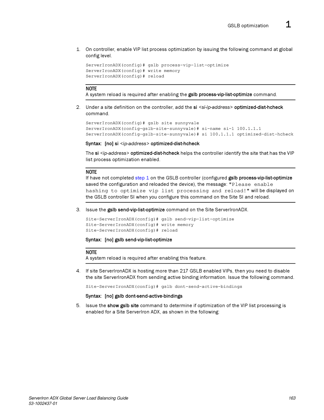 Brocade Communications Systems 12.4.00 Syntax no si ip-addressoptimized-dist-hcheck, Syntax no gslb send-vip-list-optimize 