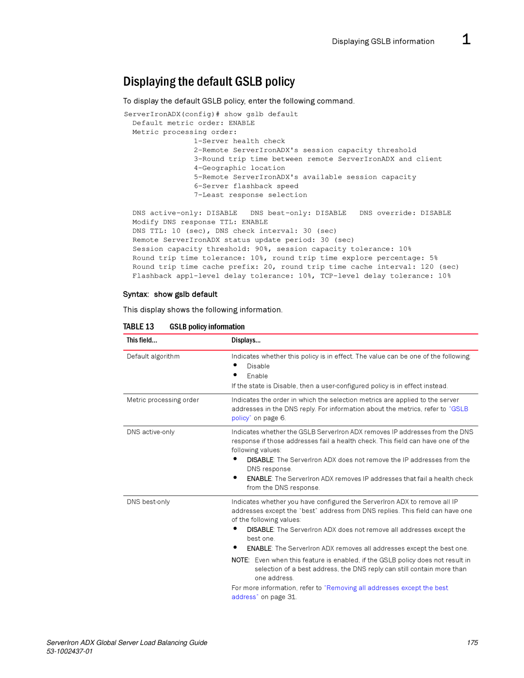 Brocade Communications Systems 12.4.00 manual Displaying the default Gslb policy, Syntax show gslb default 