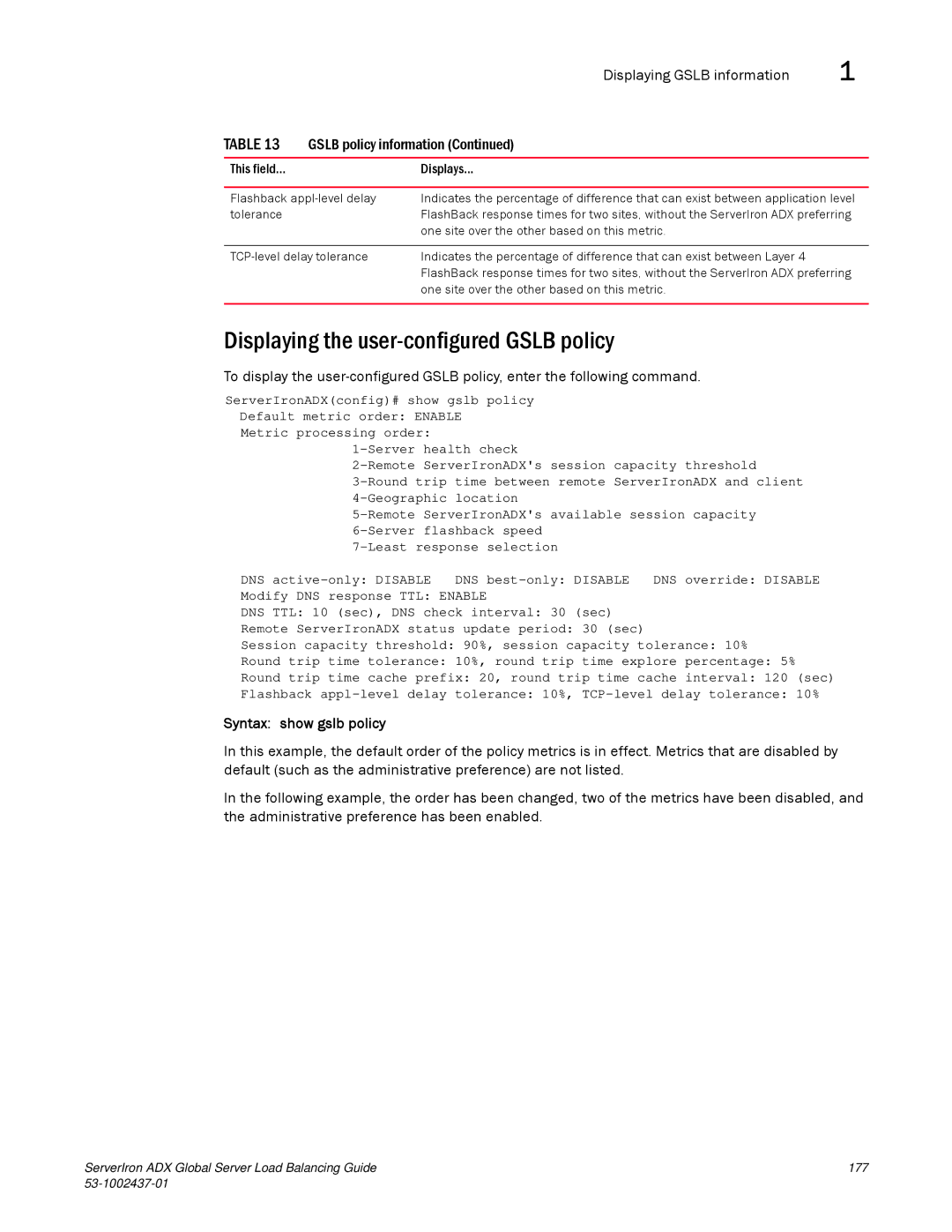 Brocade Communications Systems 12.4.00 manual Displaying the user-configured Gslb policy, Syntax show gslb policy 