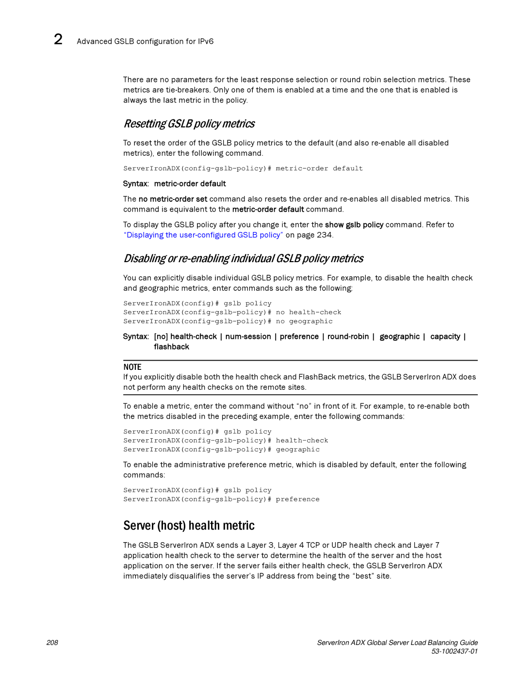 Brocade Communications Systems 12.4.00 manual Server host health metric, Resetting Gslb policy metrics 