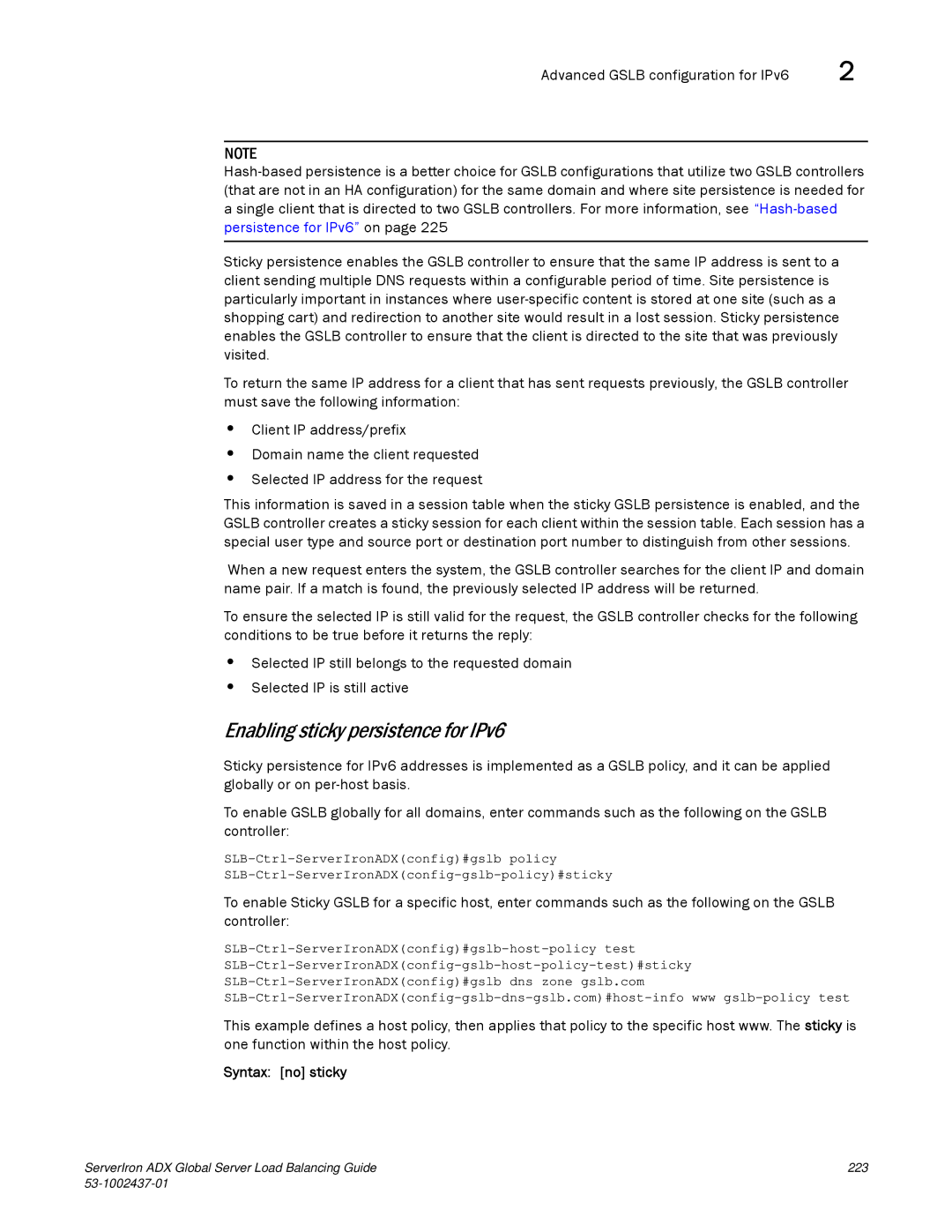 Brocade Communications Systems 12.4.00 manual Enabling sticky persistence for IPv6, Syntax no sticky 