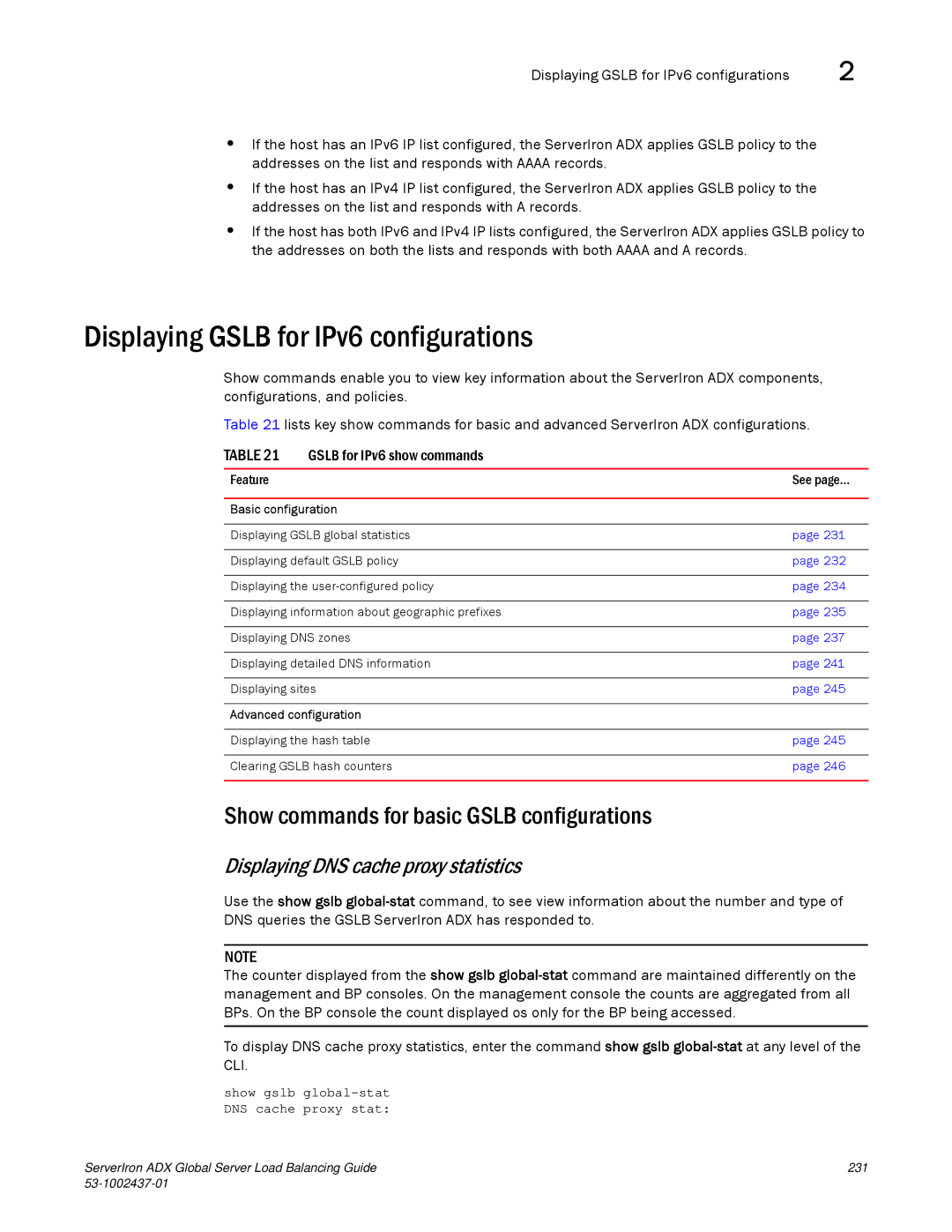 Brocade Communications Systems 12.4.00 Displaying Gslb for IPv6 configurations, Displaying DNS cache proxy statistics 