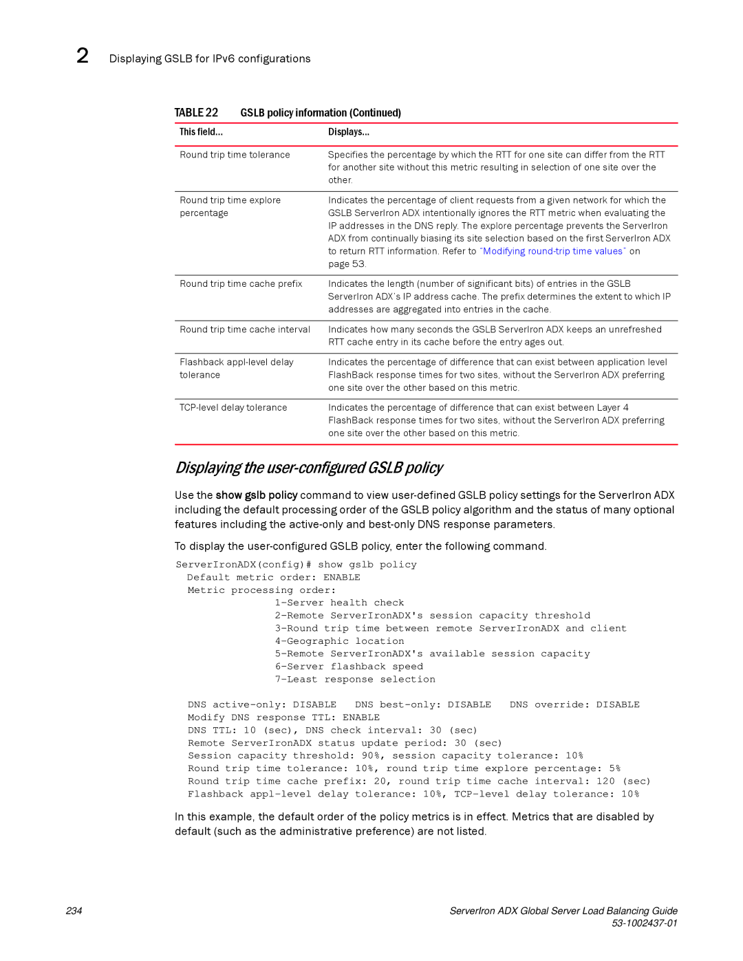 Brocade Communications Systems 12.4.00 manual Displaying the user-configured Gslb policy 