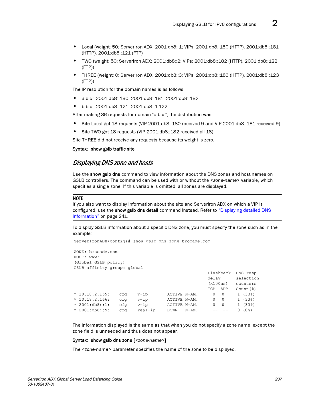 Brocade Communications Systems 12.4.00 manual Displaying DNS zone and hosts, Syntax show gslb traffic site 