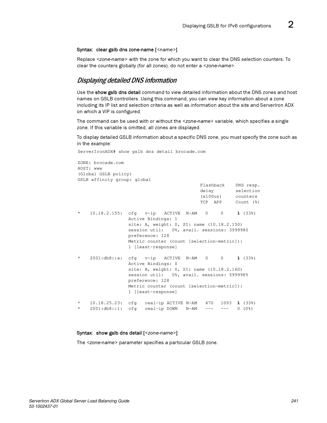 Brocade Communications Systems 12.4.00 manual Displaying Gslb for IPv6 configurations 