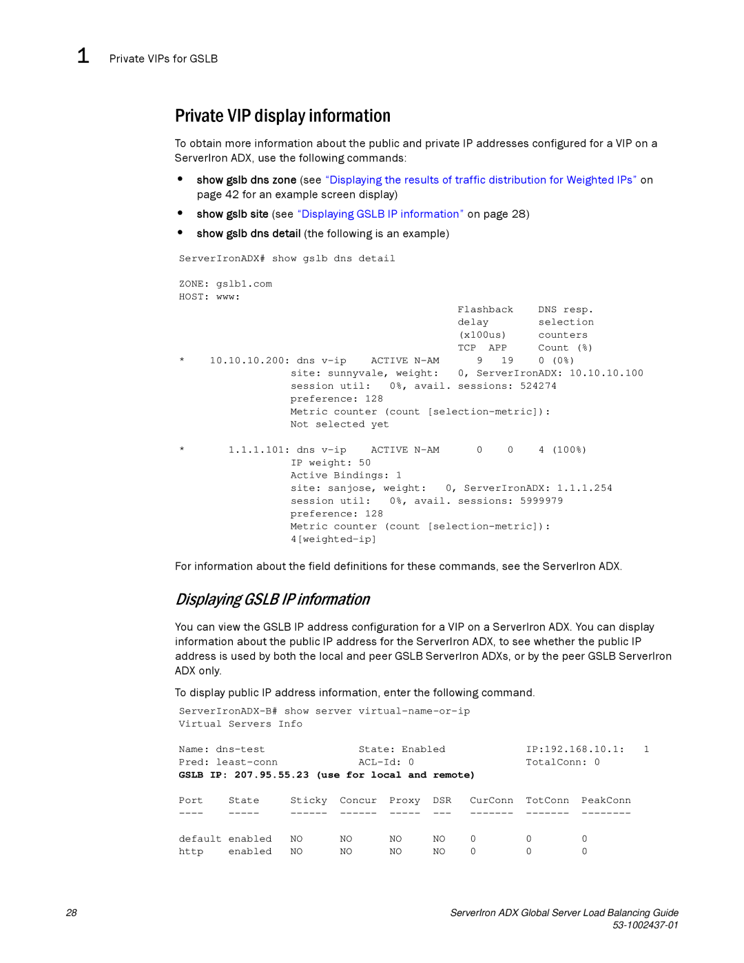 Brocade Communications Systems 12.4.00 manual Private VIP display information, Displaying Gslb IP information 