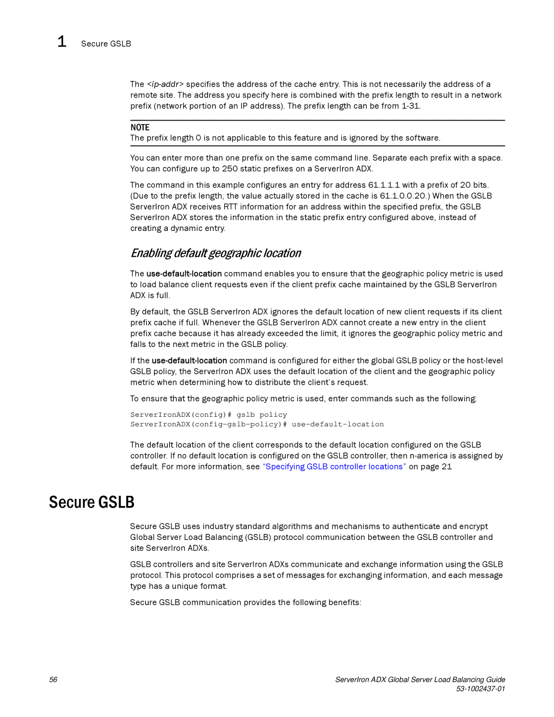 Brocade Communications Systems 12.4.00 manual Secure Gslb, Enabling default geographic location 