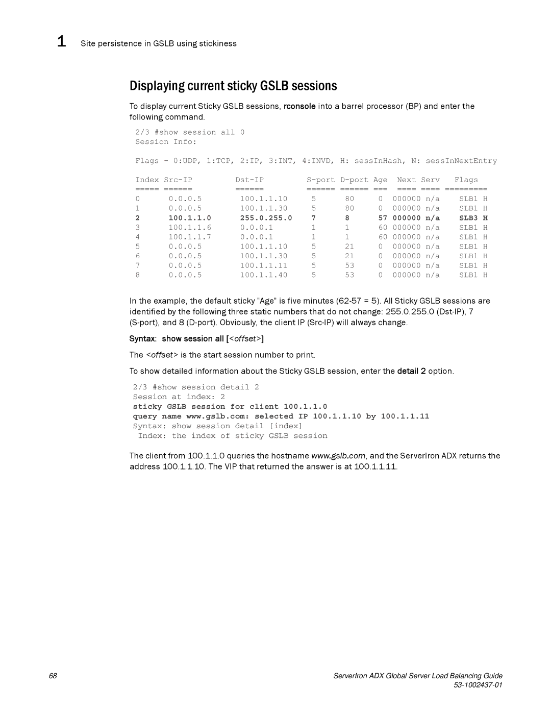 Brocade Communications Systems 12.4.00 manual Displaying current sticky Gslb sessions, Syntax show session all offset 