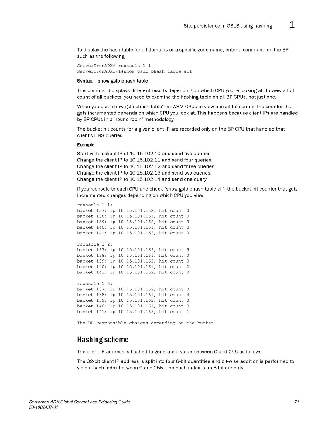 Brocade Communications Systems 12.4.00 manual Hashing scheme, Syntax show gslb phash table 