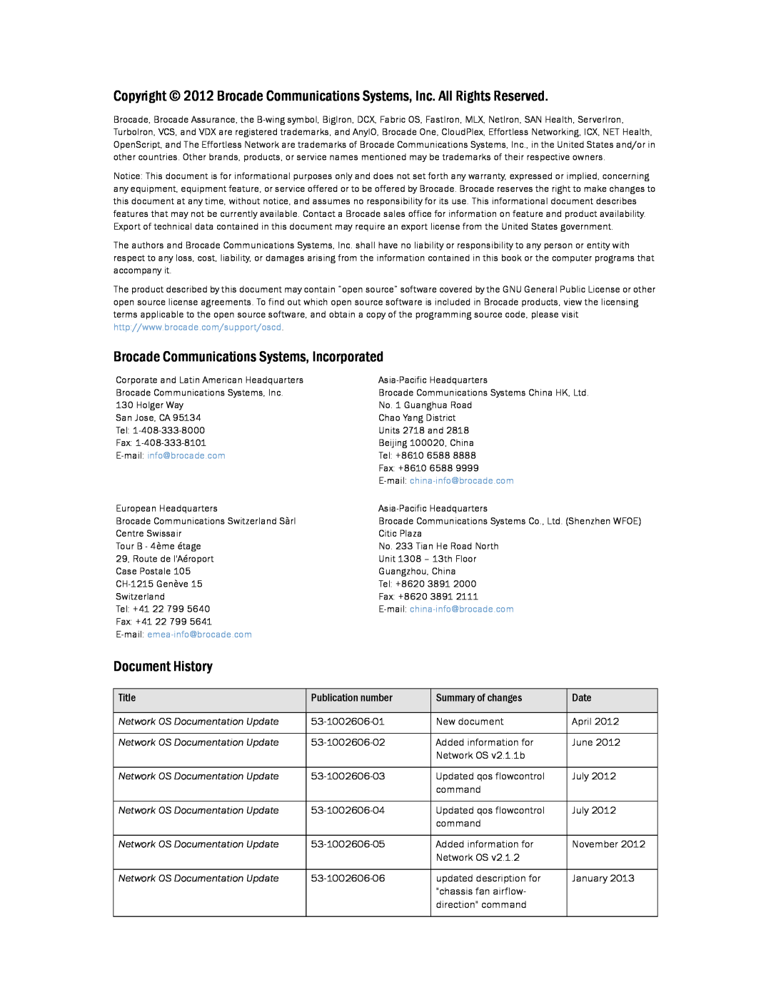Brocade Communications Systems 2.1 manual Brocade Communications Systems, Incorporated, Document History, Title, Date 
