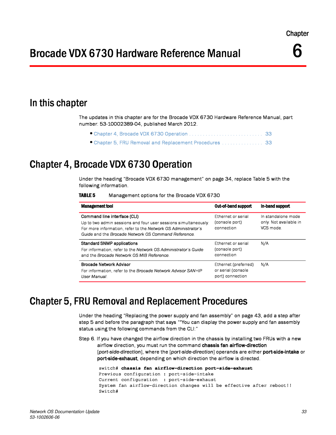 Brocade Communications Systems 2.1 Brocade VDX 6730 Hardware Reference Manual, Brocade VDX 6730 Operation, In this chapter 