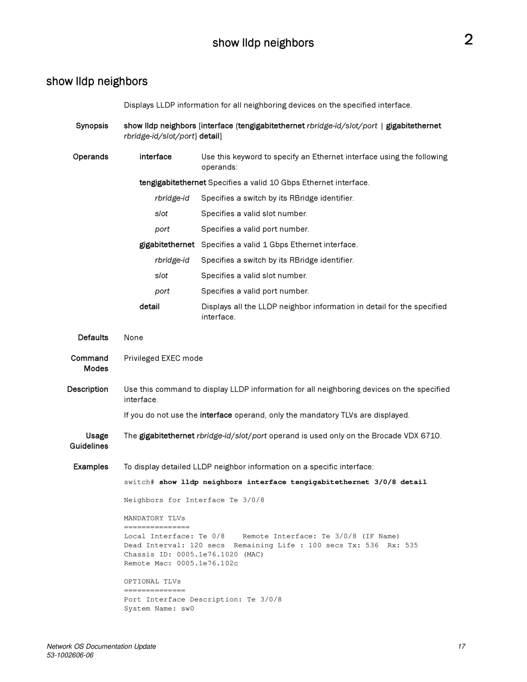 Brocade Communications Systems 2.1 manual Show lldp neighbors, Operands Interface, Gigabitethernet, Detail 