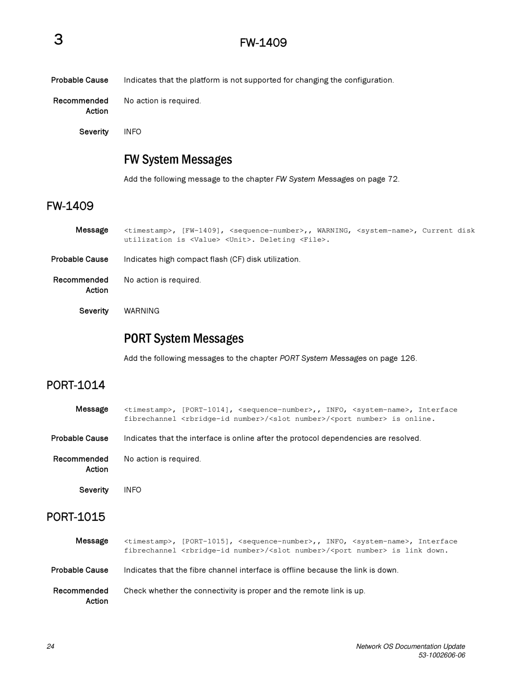 Brocade Communications Systems 2.1 manual FW System Messages, Port System Messages, FW-1409, PORT-1014, PORT-1015 