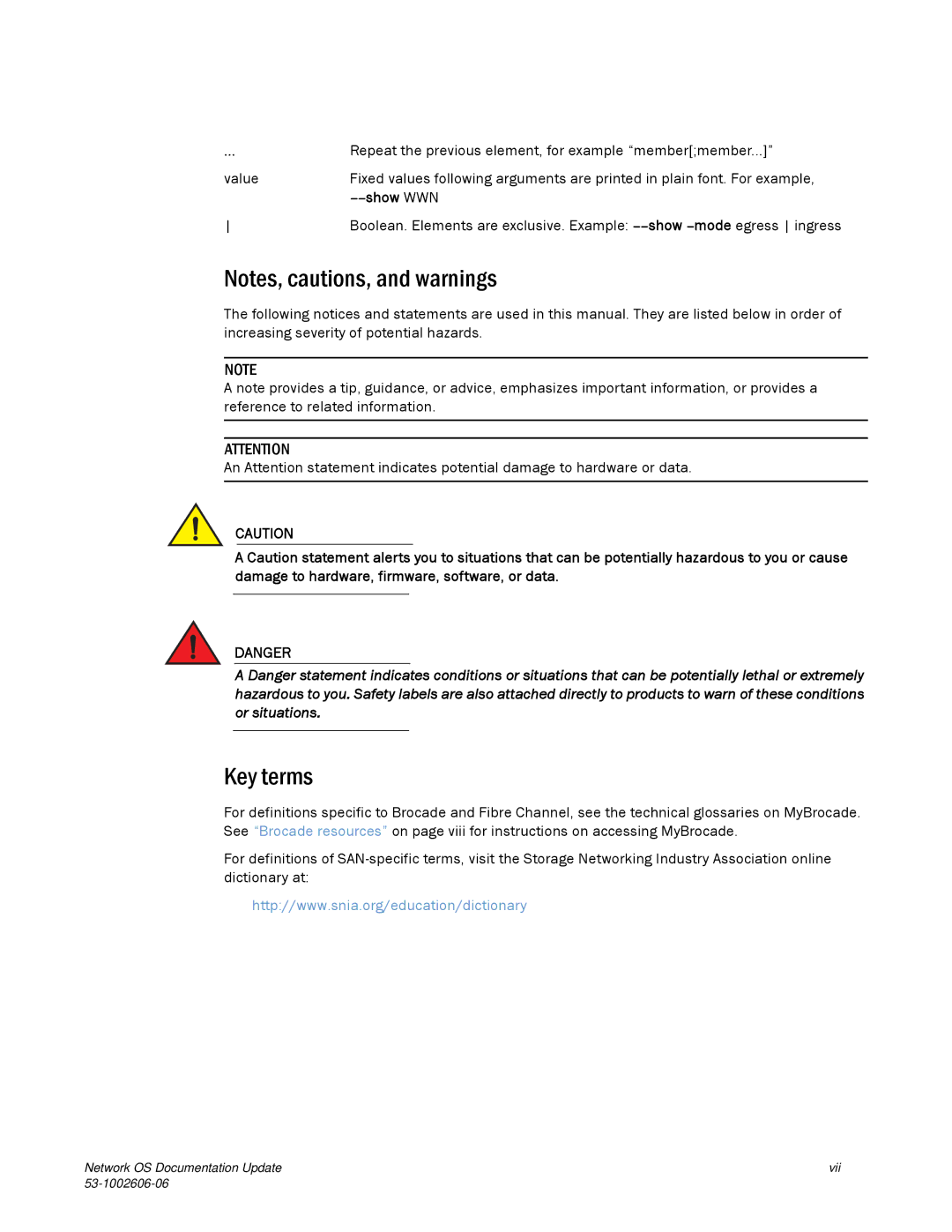 Brocade Communications Systems 2.1 manual Key terms, Repeat the previous element, for example membermember 