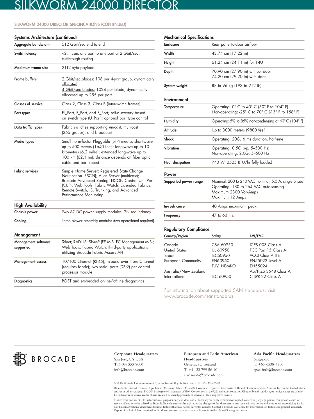 Brocade Communications Systems 24000 manual Mechanical Specifications, High Availability, Environment, Power, Management 