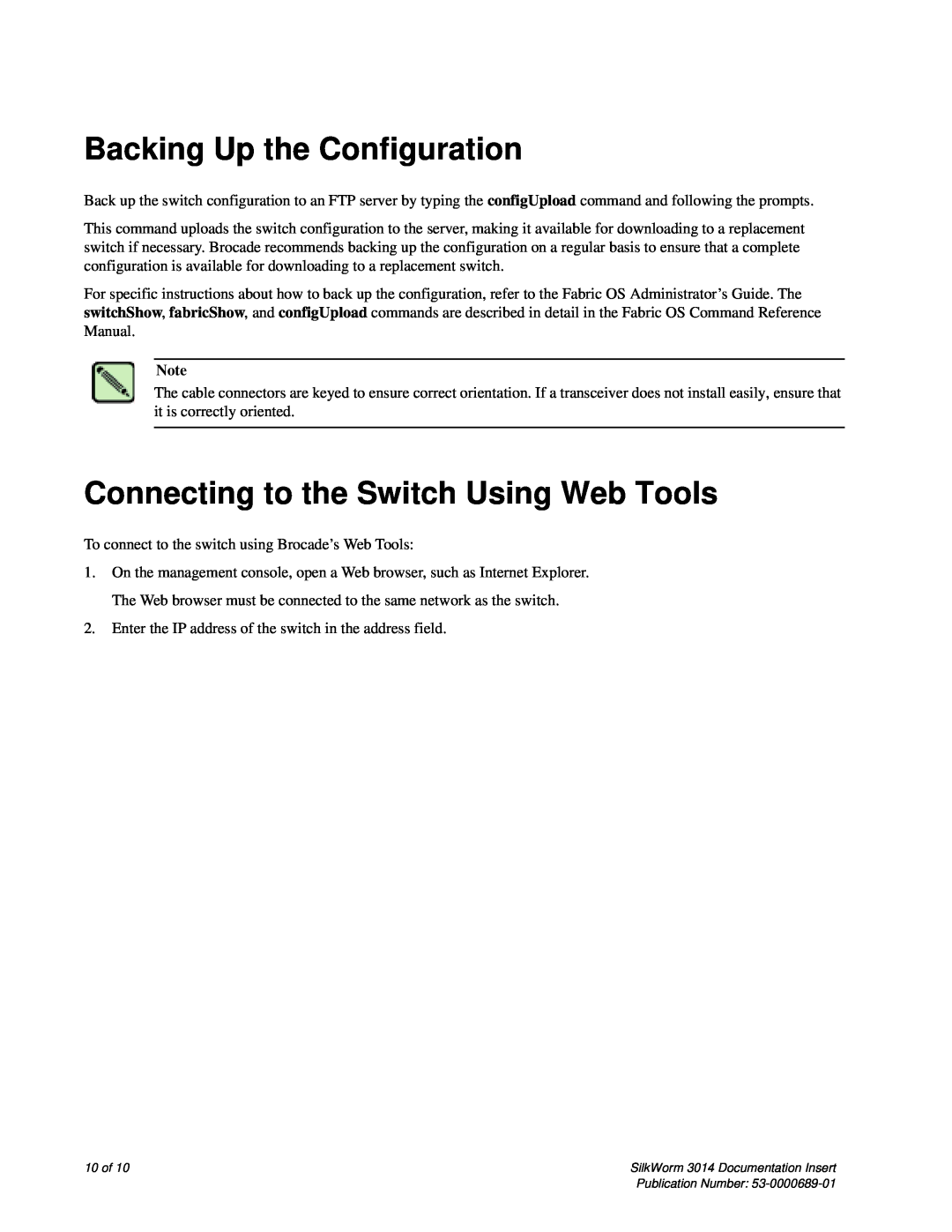 Brocade Communications Systems 3014 quick start Backing Up the Configuration, Connecting to the Switch Using Web Tools 