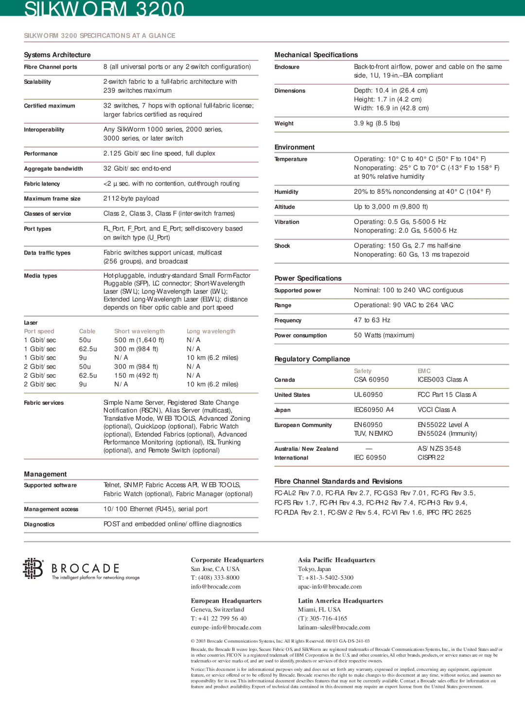 Brocade Communications Systems manual Silkworm 3200 Specifications AT a Glance 