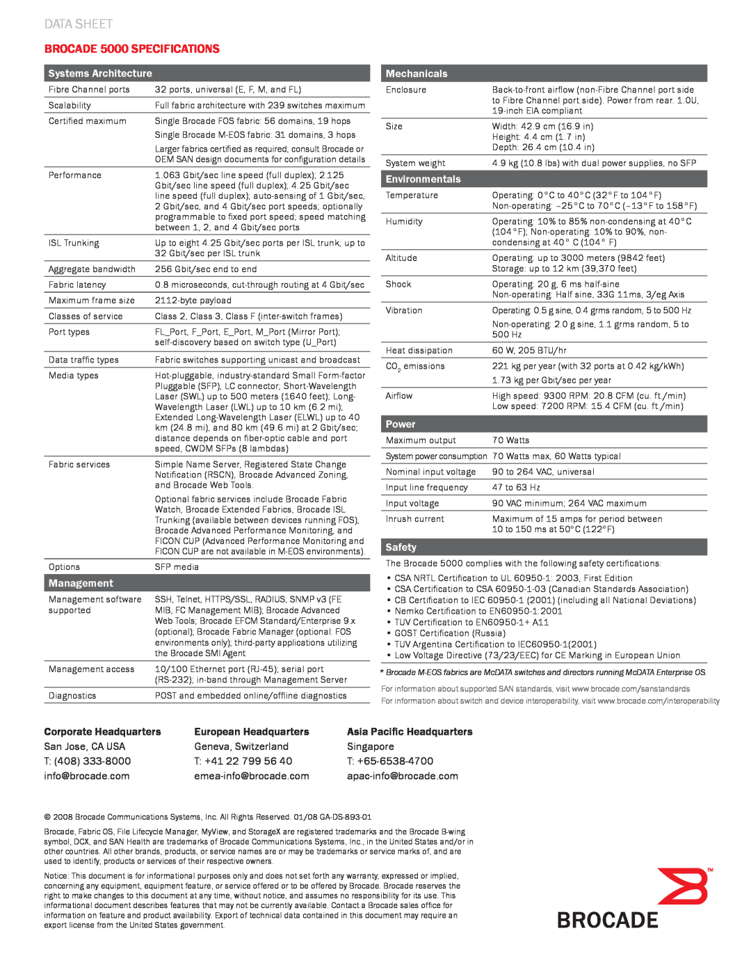 Brocade Communications Systems Brocade 5000 SPECIFICATIONS, Data Sheet, Systems Architecture, Management, Mechanicals 