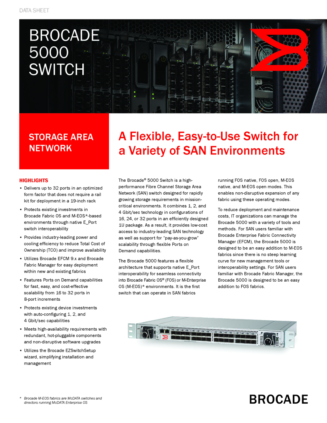 Brocade Communications Systems manual Brocade 5000 Switch, Highlights 