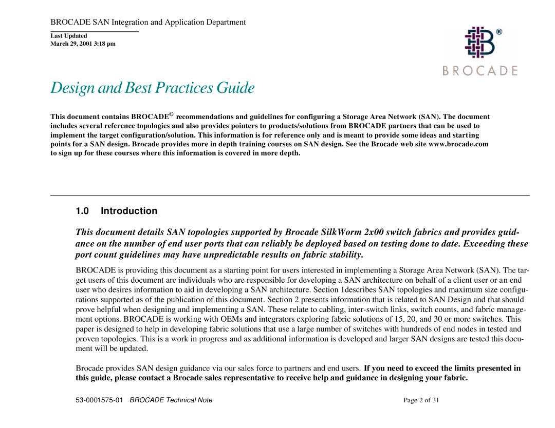 Brocade Communications Systems 53-0001575-01 manual Design and Best Practices Guide 