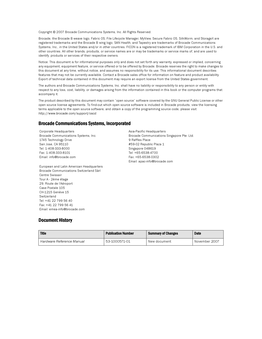 Brocade Communications Systems 53-1000571-01 manual Brocade Communications Systems, Incorporated 