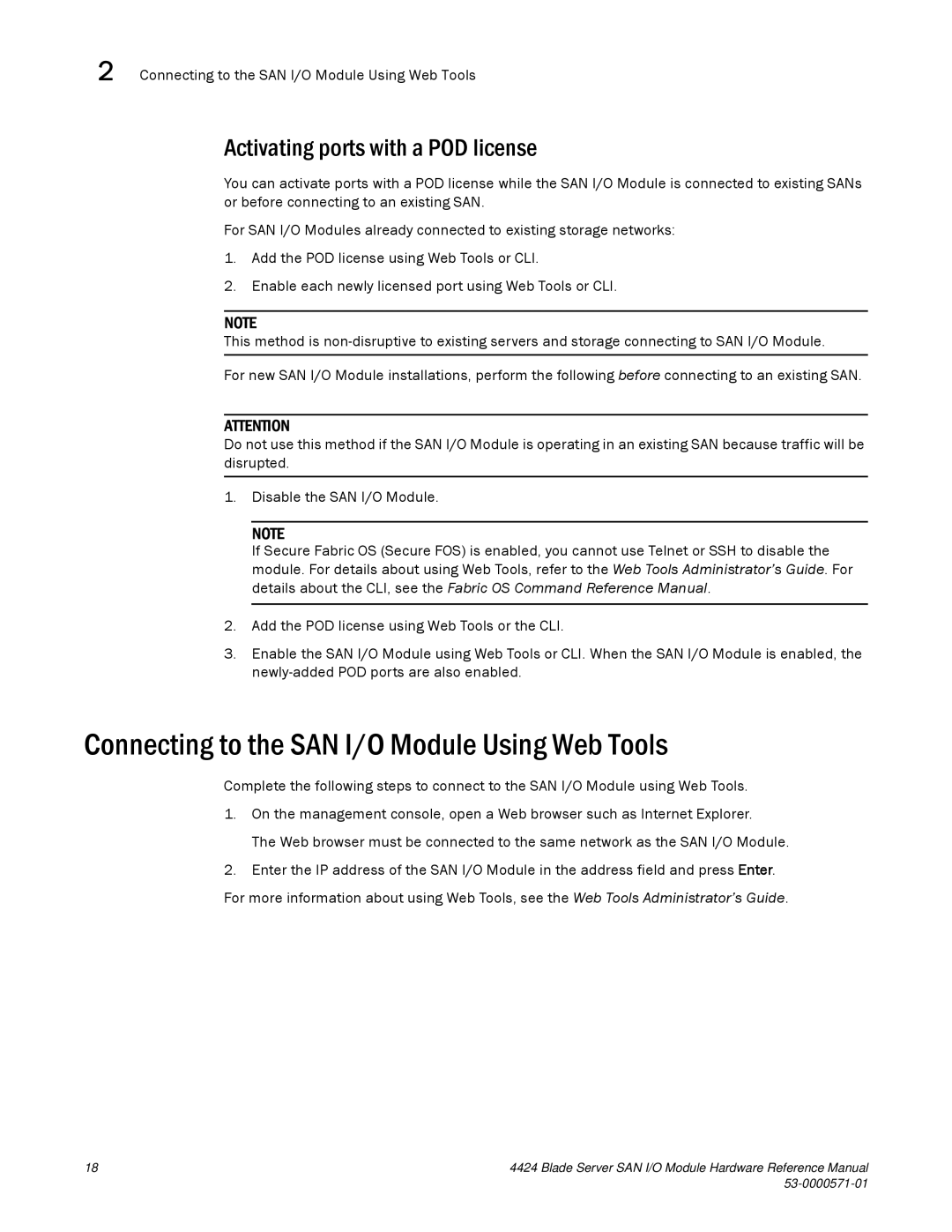 Brocade Communications Systems 53-1000571-01 manual Connecting to the SAN I/O Module Using Web Tools 