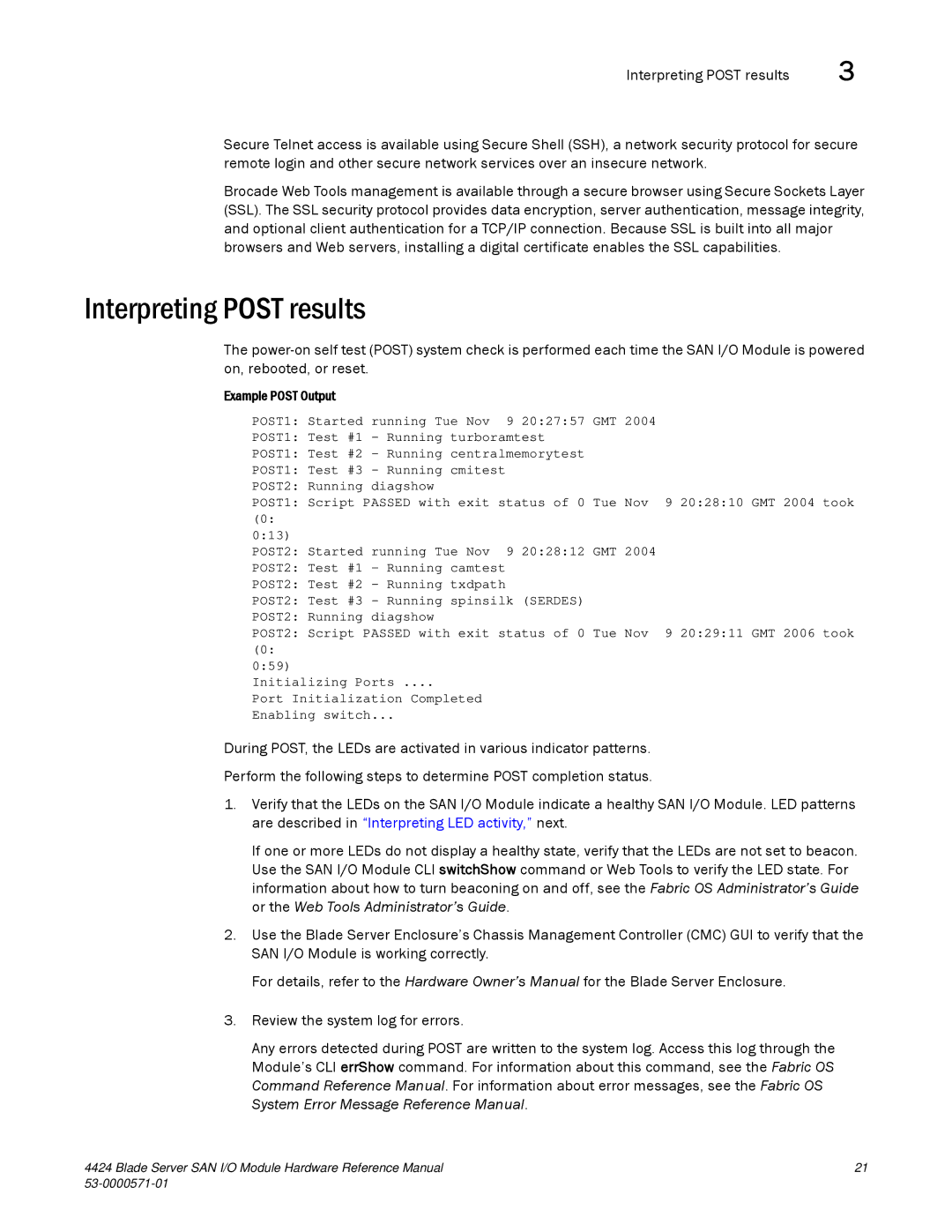 Brocade Communications Systems 53-1000571-01 manual Interpreting Post results, Example Post Output 