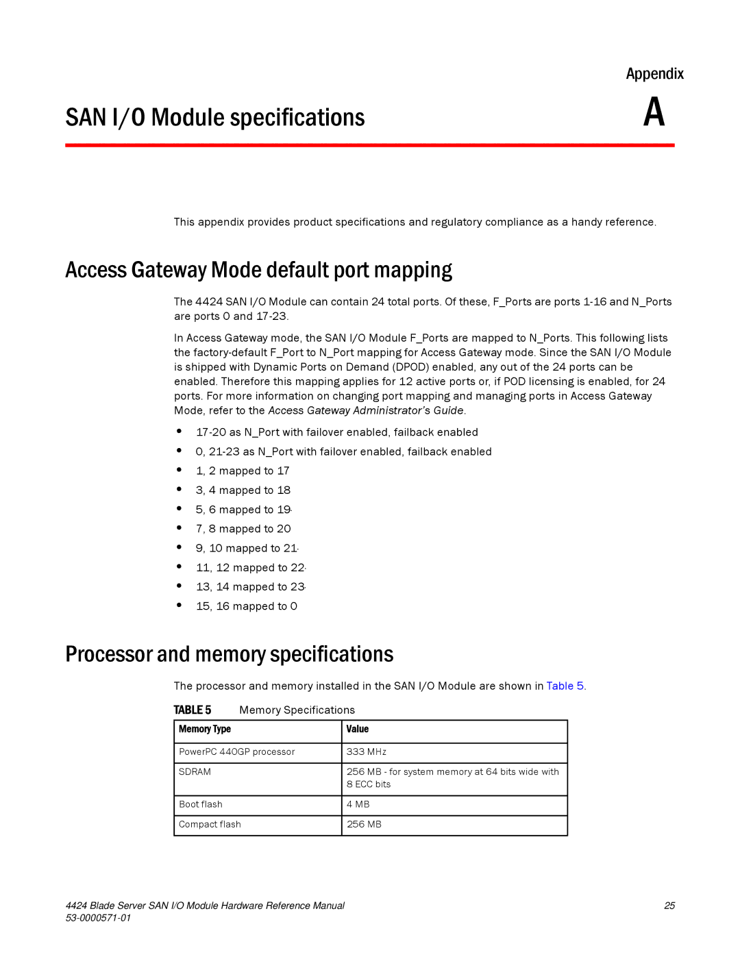 Brocade Communications Systems 53-1000571-01 manual SAN I/O Module specifications, Access Gateway Mode default port mapping 