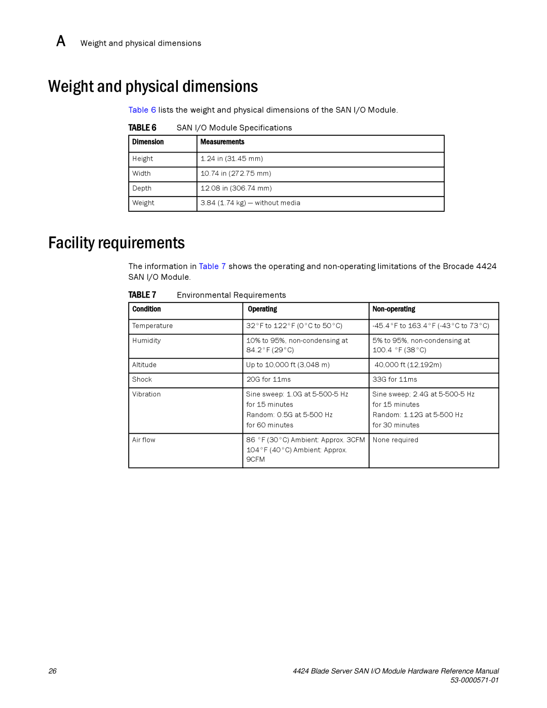 Brocade Communications Systems 53-1000571-01 Weight and physical dimensions, Facility requirements, Dimension Measurements 