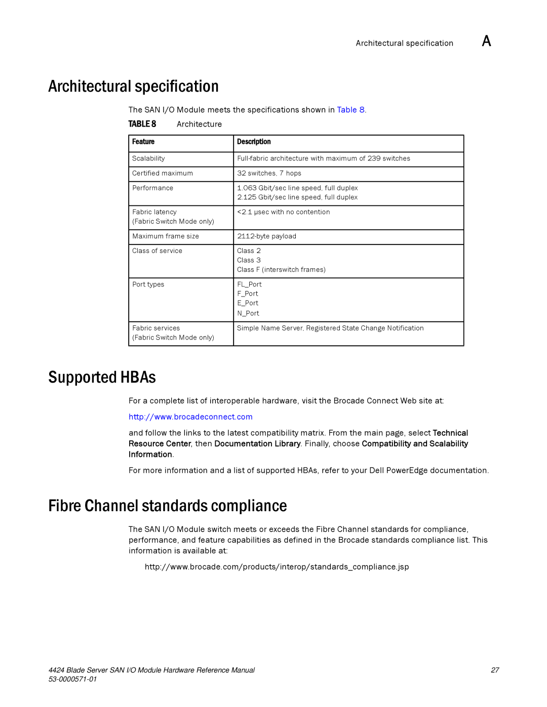 Brocade Communications Systems 53-1000571-01 manual Architectural specification, Supported HBAs, Feature Description 