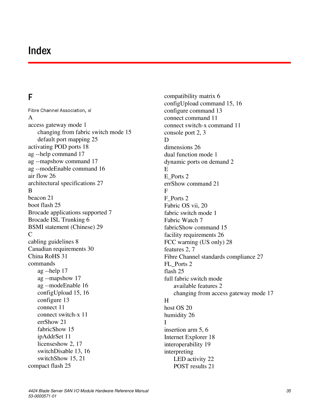 Brocade Communications Systems 53-1000571-01 manual Index 