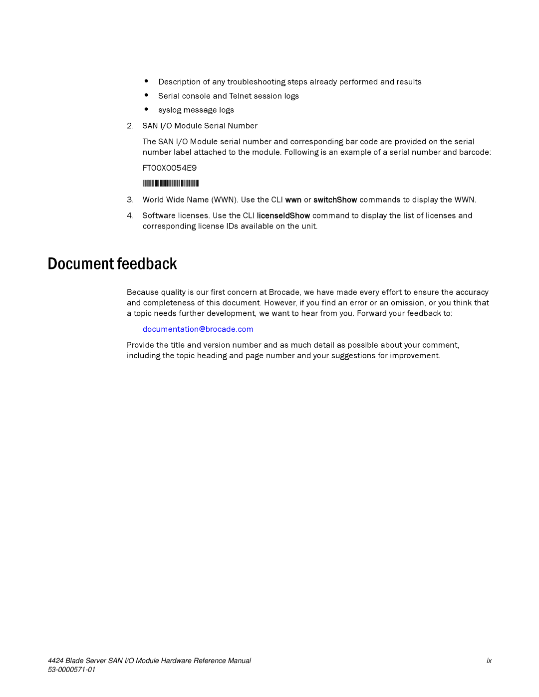 Brocade Communications Systems 53-1000571-01 manual Document feedback, FT00X0054E9 